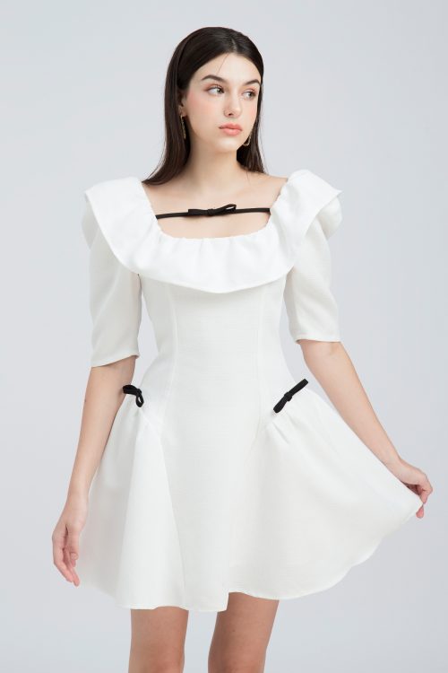 Váy Đầm Cổ Vuông Phối Dây Nơ