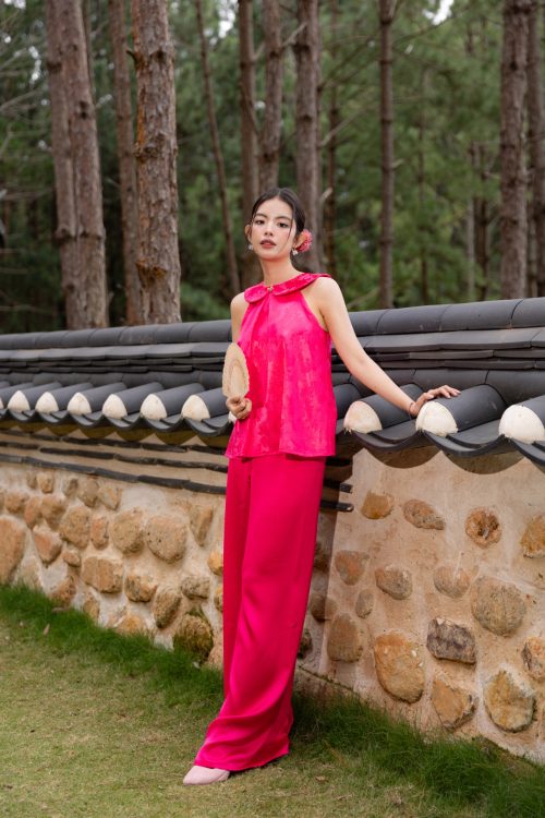 Áo Gấm Cổ Sen Màu Hồng Đậm
