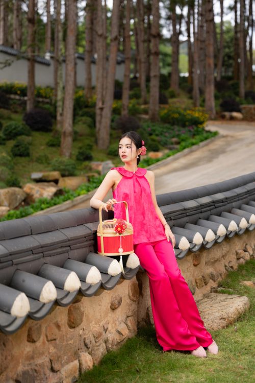 Áo Gấm Cổ Sen Màu Hồng Đậm
