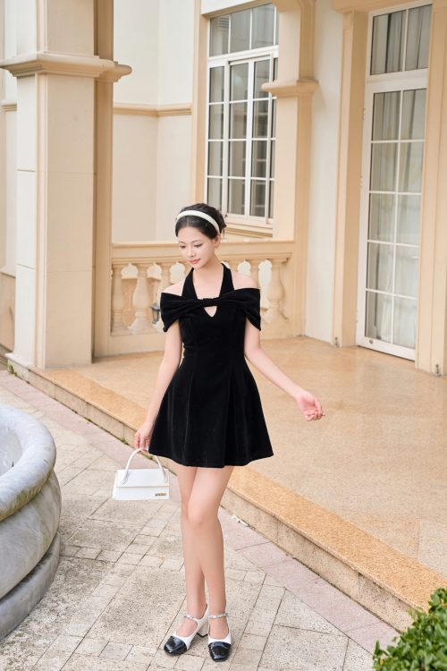 Váy Đầm Trễ Vai Phối Nơ Thanh Lịch